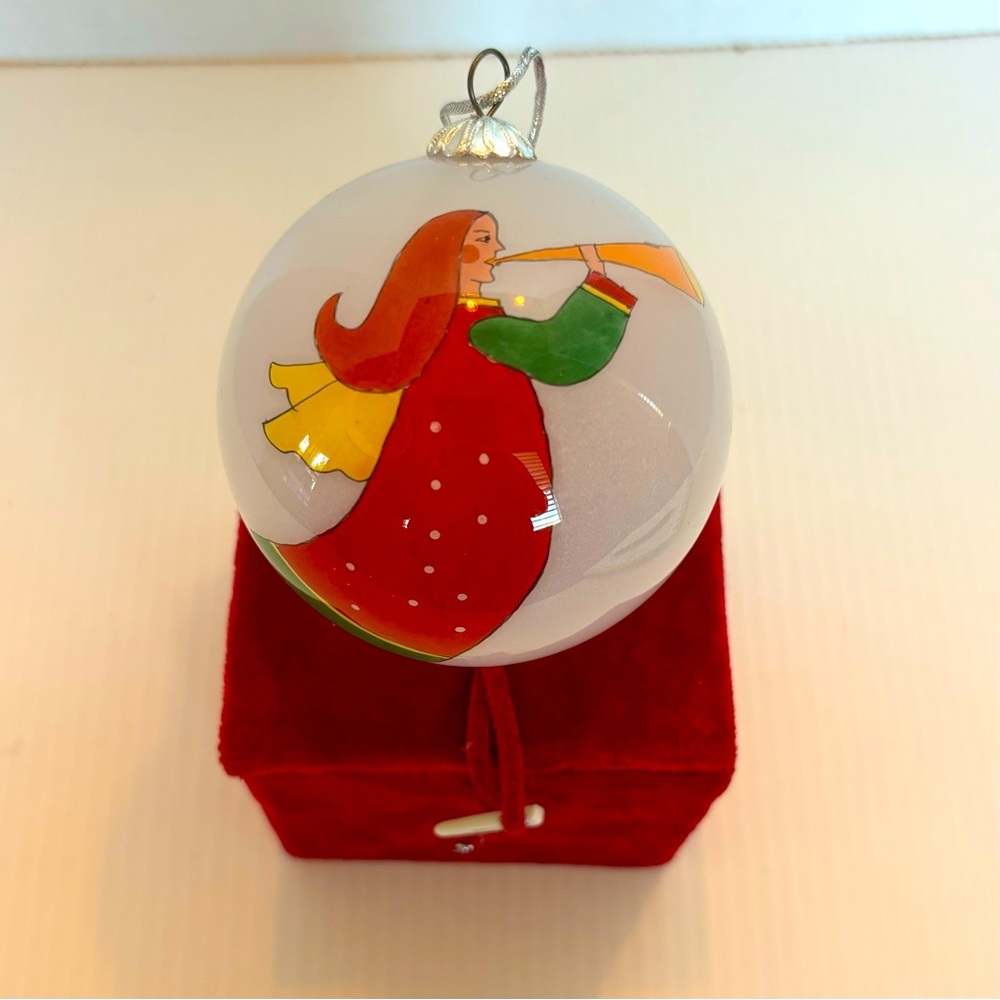 Christmas House Hand Painted Glass Ball Angel Trumpet Music Ornament with Box